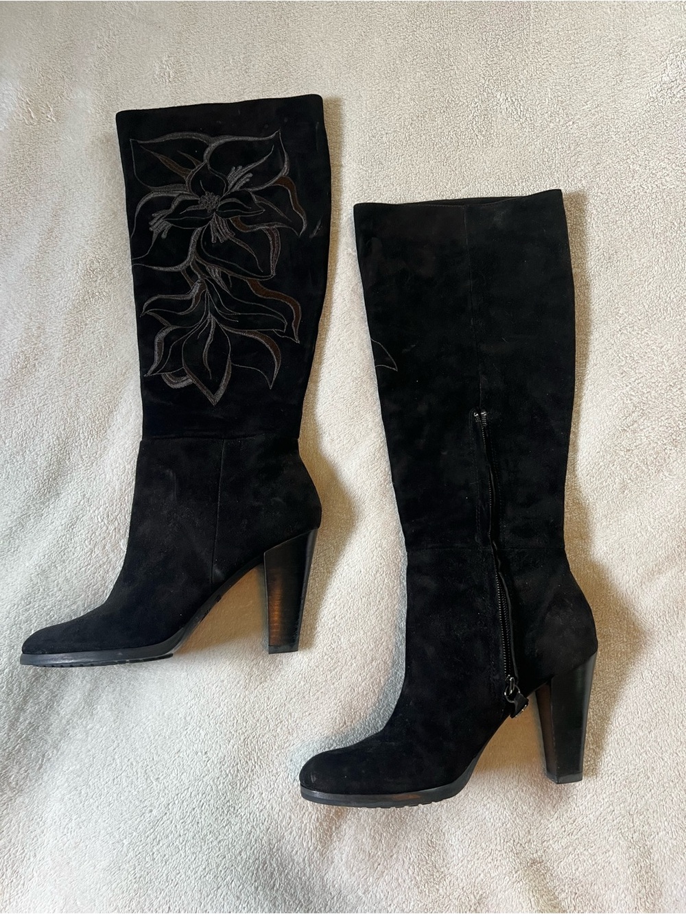 Isola Black Suede Knee-High Heeled Boots with Floral Embroidery